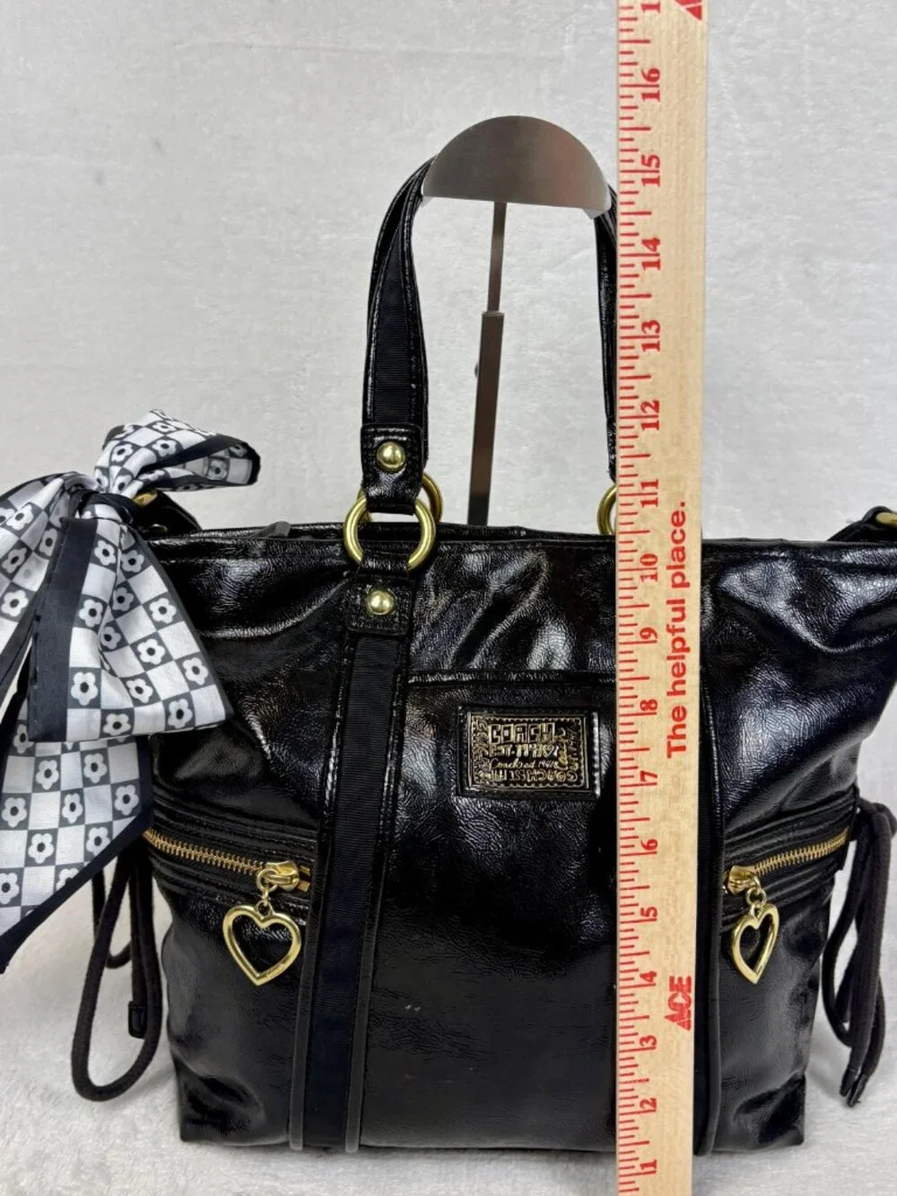 Coach Y2K Poppy Daisy Liquid Gloss Tote in Black Patent Leather with Scarf